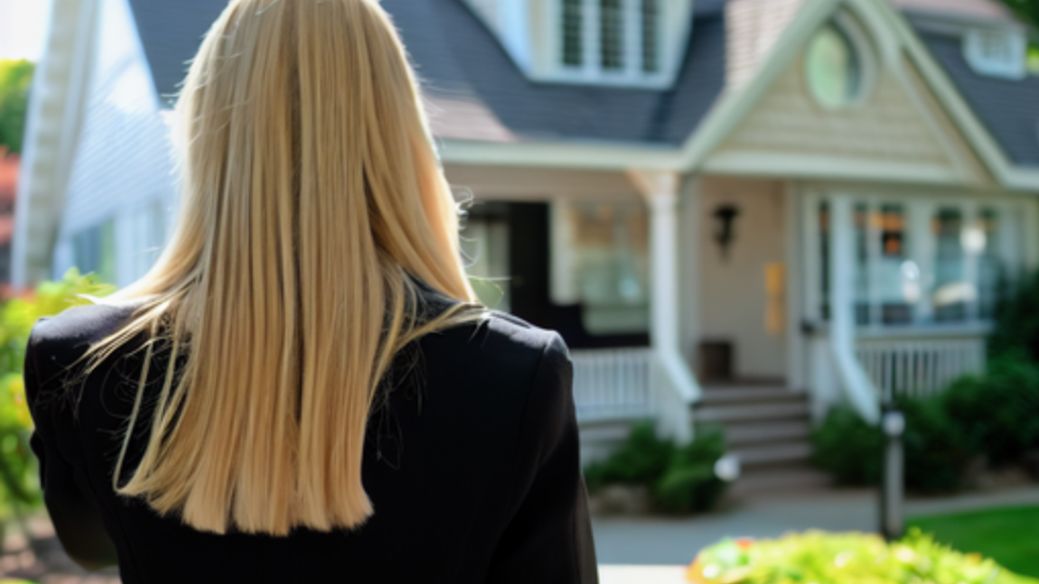 Blonde woman in black blazer looking at a house with white siding, porch, and a dark roof.