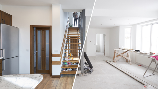 Half-finished home renovation; kitchen, stairs, and living room. Construction supplies and a person on the stairs.