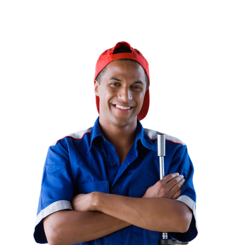 A man in a blue shirt and red hat is holding a wrench and smiling.