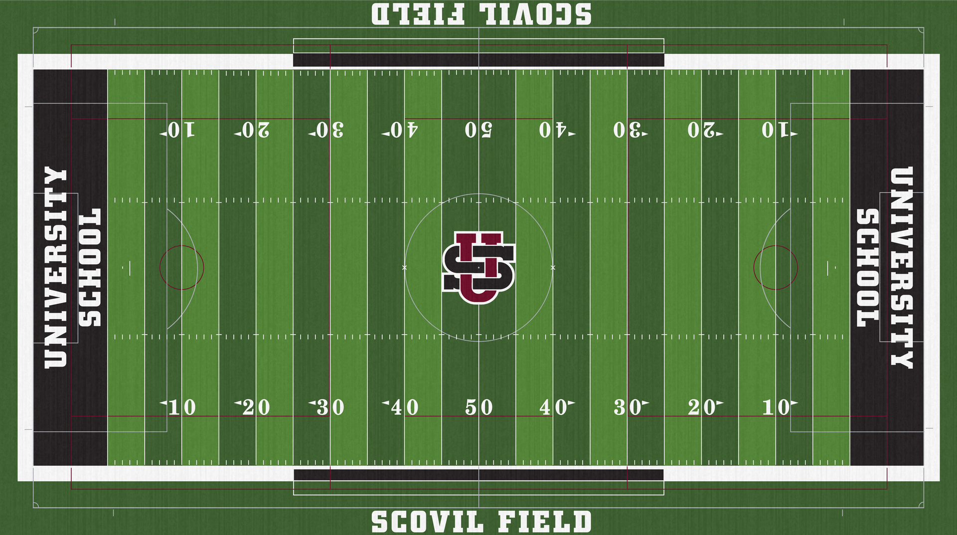 University School Preppers Turf Hunting Valley Football field at Scovil Field, University School. Green field with yard lines, end zones, and school logo.