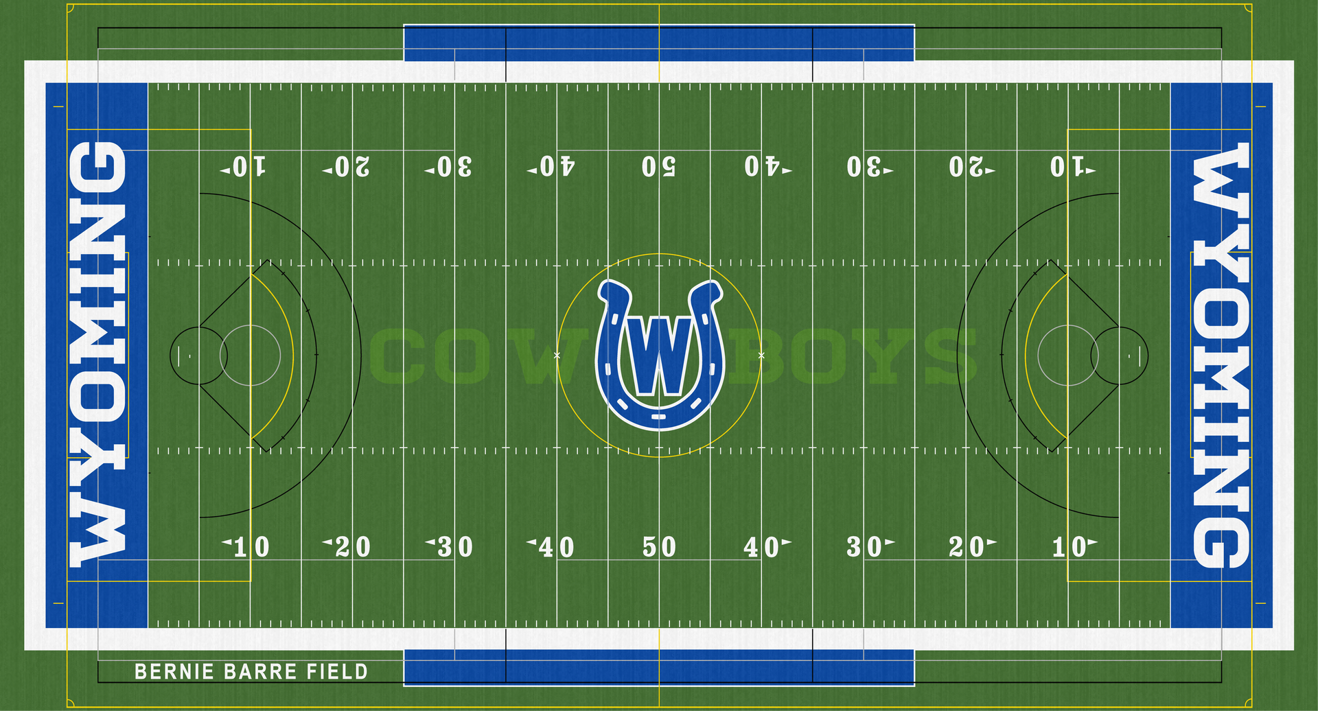 Wyoming High School Cowboys Turf Field. Bob Lewis Stadium.
Wyoming Cowboys football field with blue and gold branding and logo.
