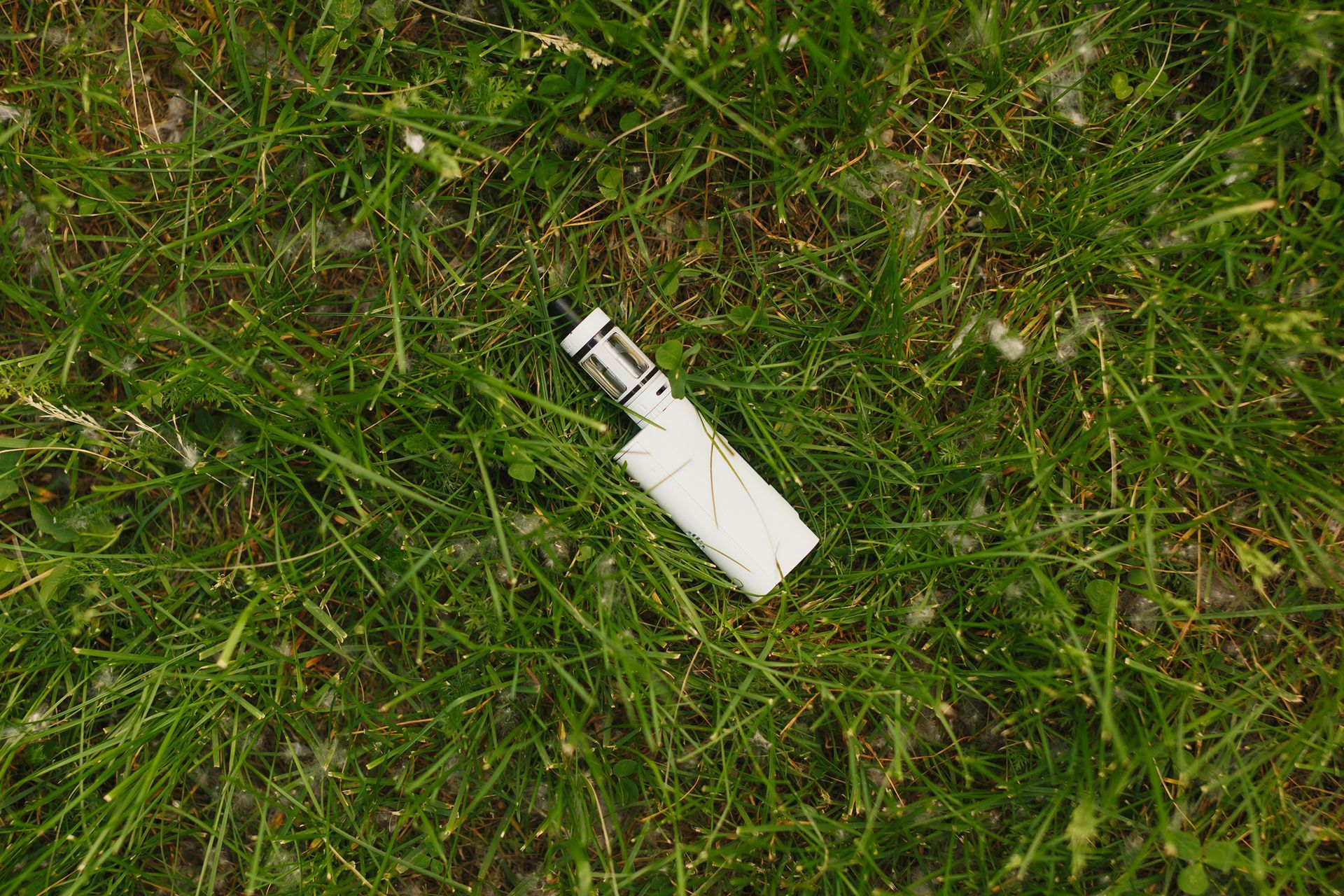 White vape on green grass.