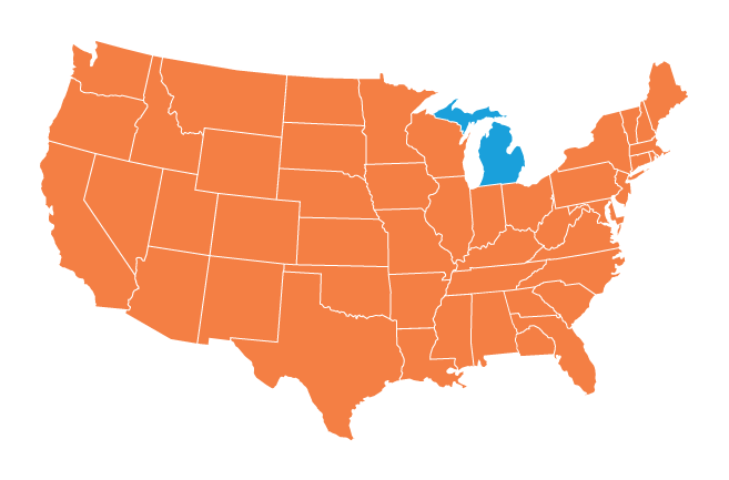 Map of the United States with Michigan highlighted in blue, and the rest in orange.
