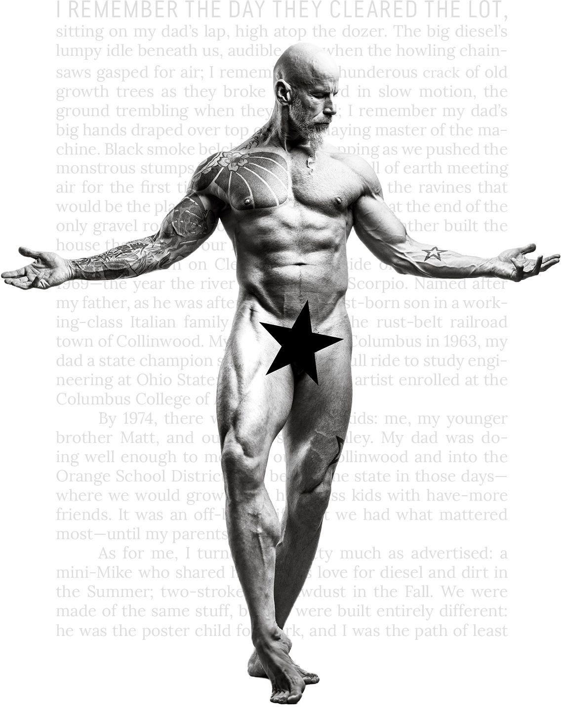 Black-and-white image of a muscular male statue-like figure standing with arms outstretched.