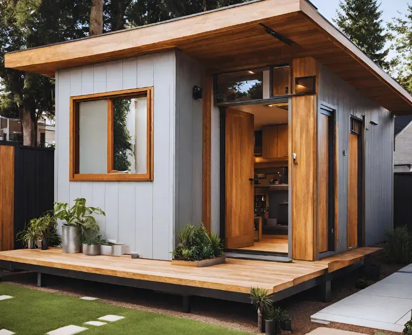 A small ADU with a wooden deck in front of it