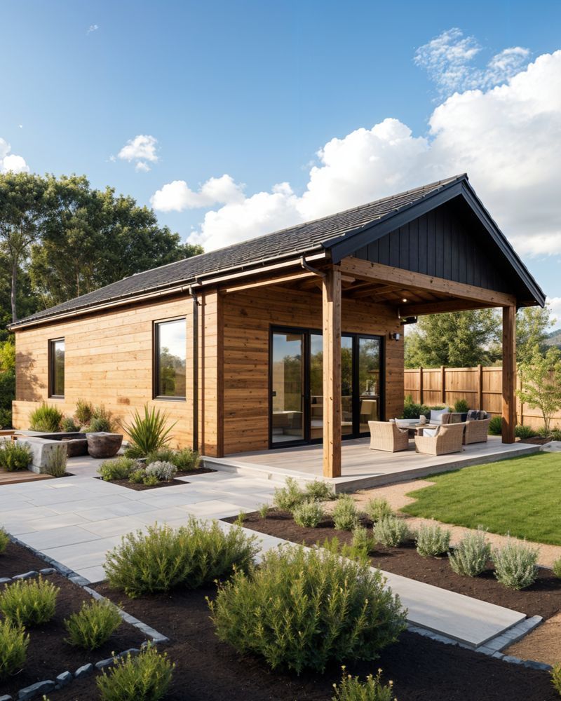 A small wooden ADU with a black roof