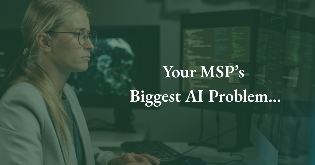 A person in a professional setting works at a desk with multiple monitors, with the text 