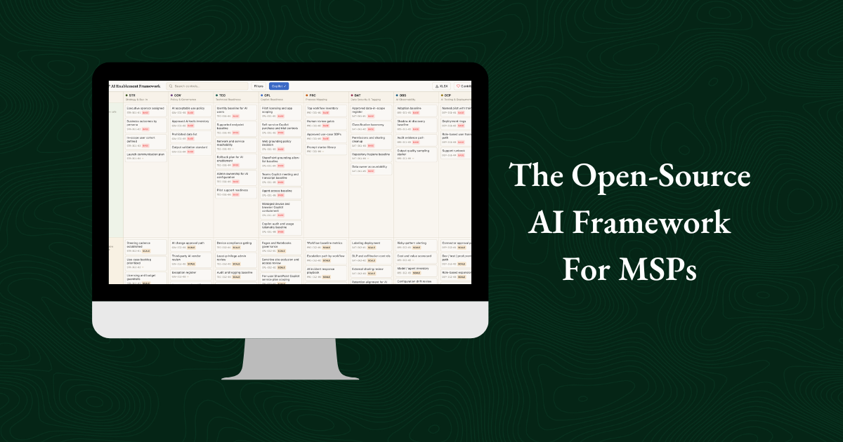 A monitor displays a project management board with text reading: 