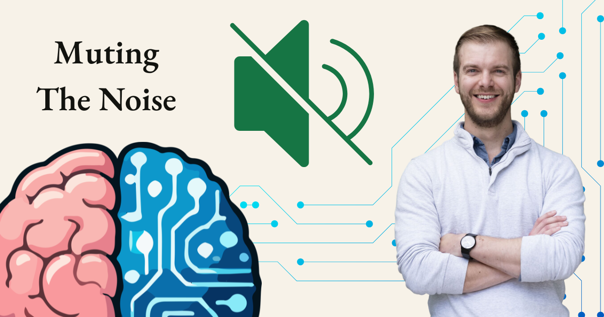 A man stands beside a graphic of a human brain half-fleshed and half-circuitry, next to a muted speaker icon.