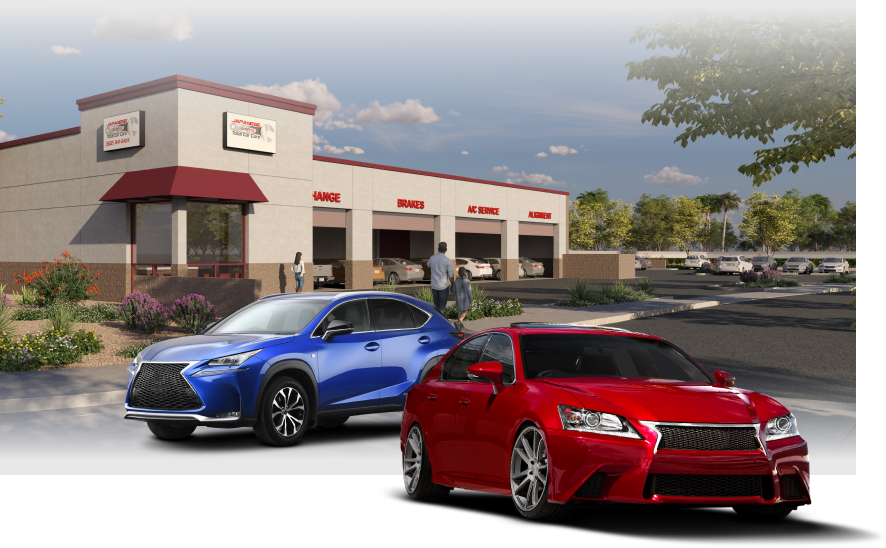 A blue SUV and red sedan parked in front of a modern automotive service center with four garage. | Japanese Auto Pros