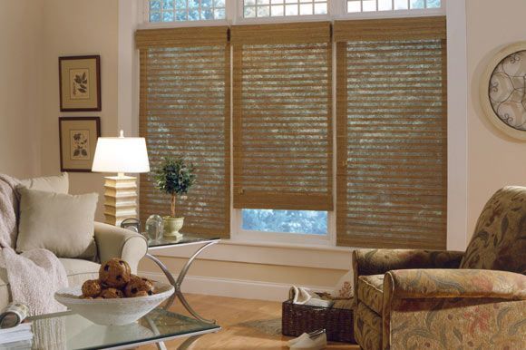 Living room with tan woven shades, couch, armchair, glass coffee table, and artwork.