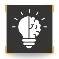 Lightbulb split with brain, radiating light on black square.