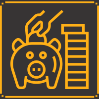 Yellow piggy bank being fed a coin by a hand, beside a stack of coins.