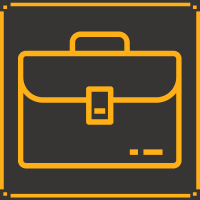 Yellow outlined briefcase icon on a dark grey square background.