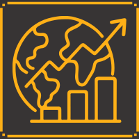 Yellow globe with an upward-trending line and bar graph, indicating global growth on dark background.