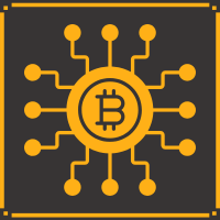 Gold Bitcoin symbol within a circuit diagram on a dark gray background.