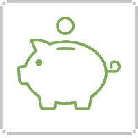 Green outline of a piggy bank with a coin above.