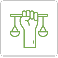 Green outline of a fist holding scales of justice.