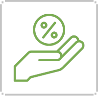 Green hand holding a circle with a percentage symbol.