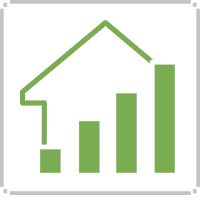 Green house-shaped graphic with increasing bar graph, suggesting real estate growth.