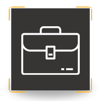 White briefcase icon on a dark gray square with gold corner accents.