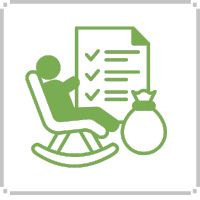 Person relaxed in rocking chair with checklist and money bag.