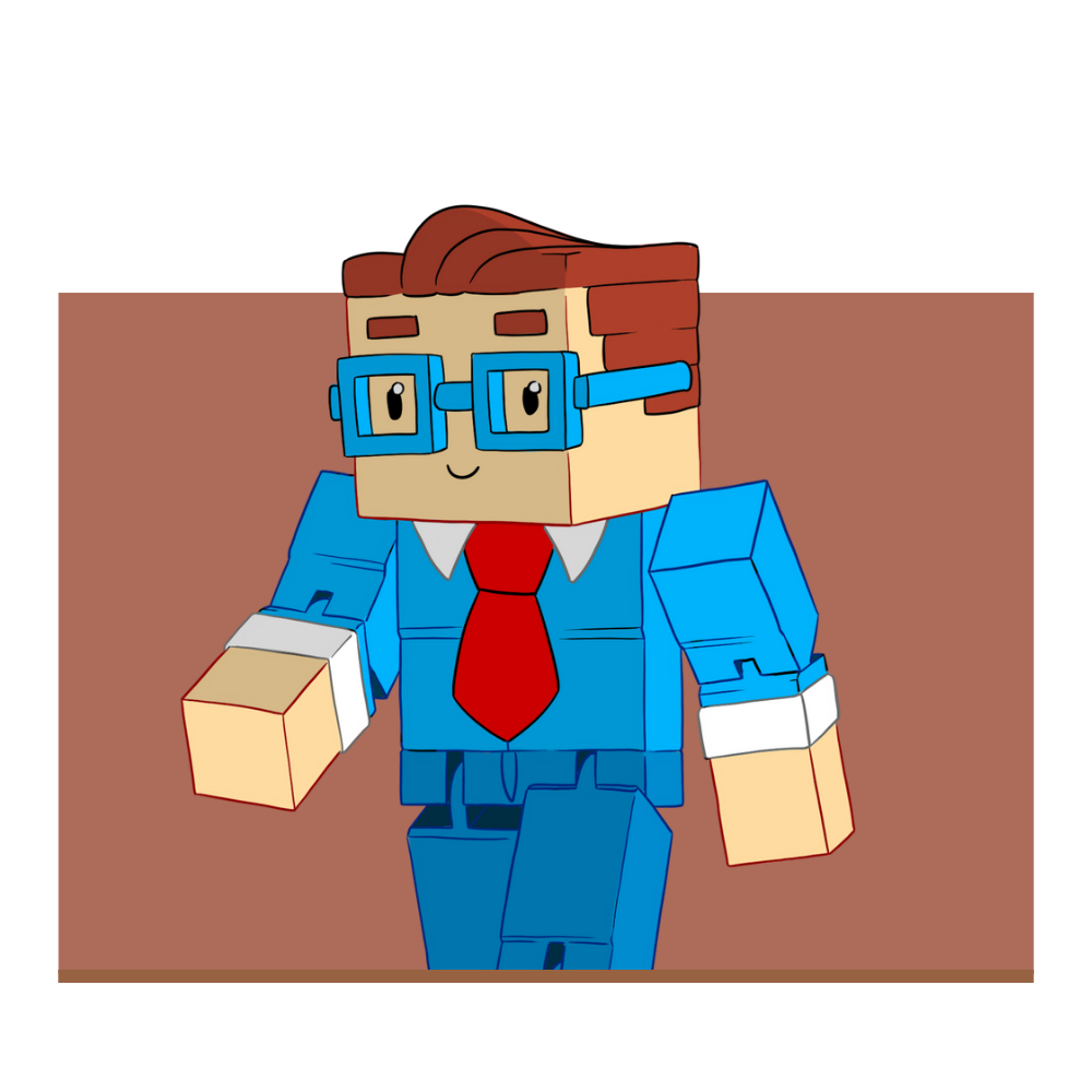 Blocky man in blue suit, red tie, and glasses, standing against a brown background.