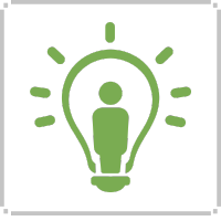 Green lightbulb with person inside, radiating lines, suggesting an idea.