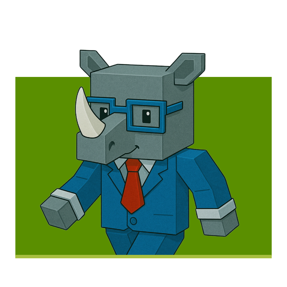 Rhino in a blue suit and glasses with a red tie, pixelated style, smiling on a green background.