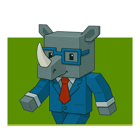 Rhino in a blue suit and glasses with a red tie, pixelated style, smiling on a green background.