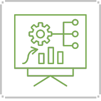 Green presentation graphic with a gear, chart, and lines representing a process.