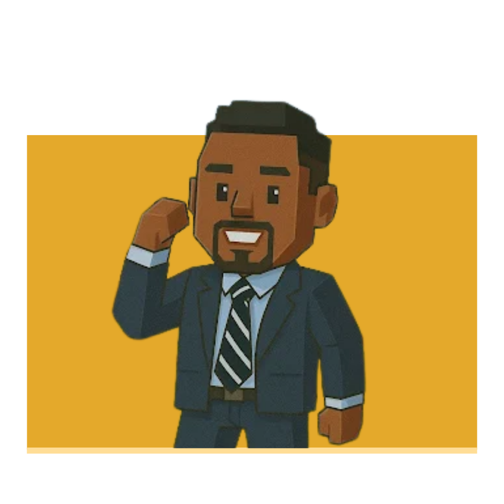 Man in a suit, smiling, raising fist in the air against a yellow background.