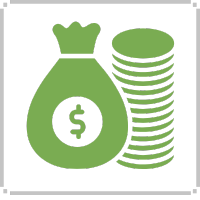 Green money bag and stack of coins with a dollar sign.