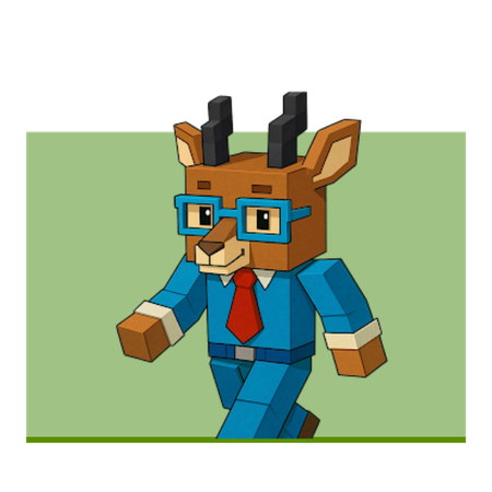 Voxel-style deer with glasses, blue suit, red tie, walking towards the viewer on a green background.