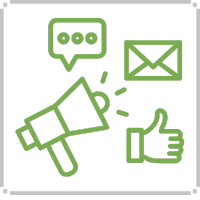 Green megaphone, speech bubble, envelope, and thumbs-up icon, suggesting communication and promotion.