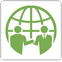 Two figures shaking hands in front of a green globe.