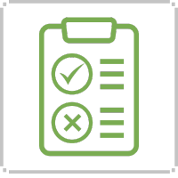 Green clipboard with a check mark and an X mark, and lines for notes.
