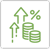 Green stacks of coins with arrows pointing upwards and a percent sign, indicating financial growth.