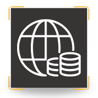 White globe and stacked coins icon on a dark square background.