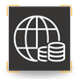 White globe and stacked coins icon on a dark square background.