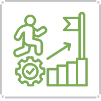 Green illustration of a person running toward a flag on a graph, over a gear with a checkmark.