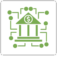 Green bank icon with digital connection points.