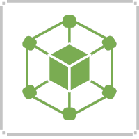 Green cube inside a hexagon of connected dots, representing a network.