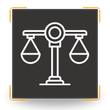 Scales of justice icon on a dark square with gold corners.