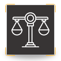 Scales of justice icon on a dark square with gold corners.