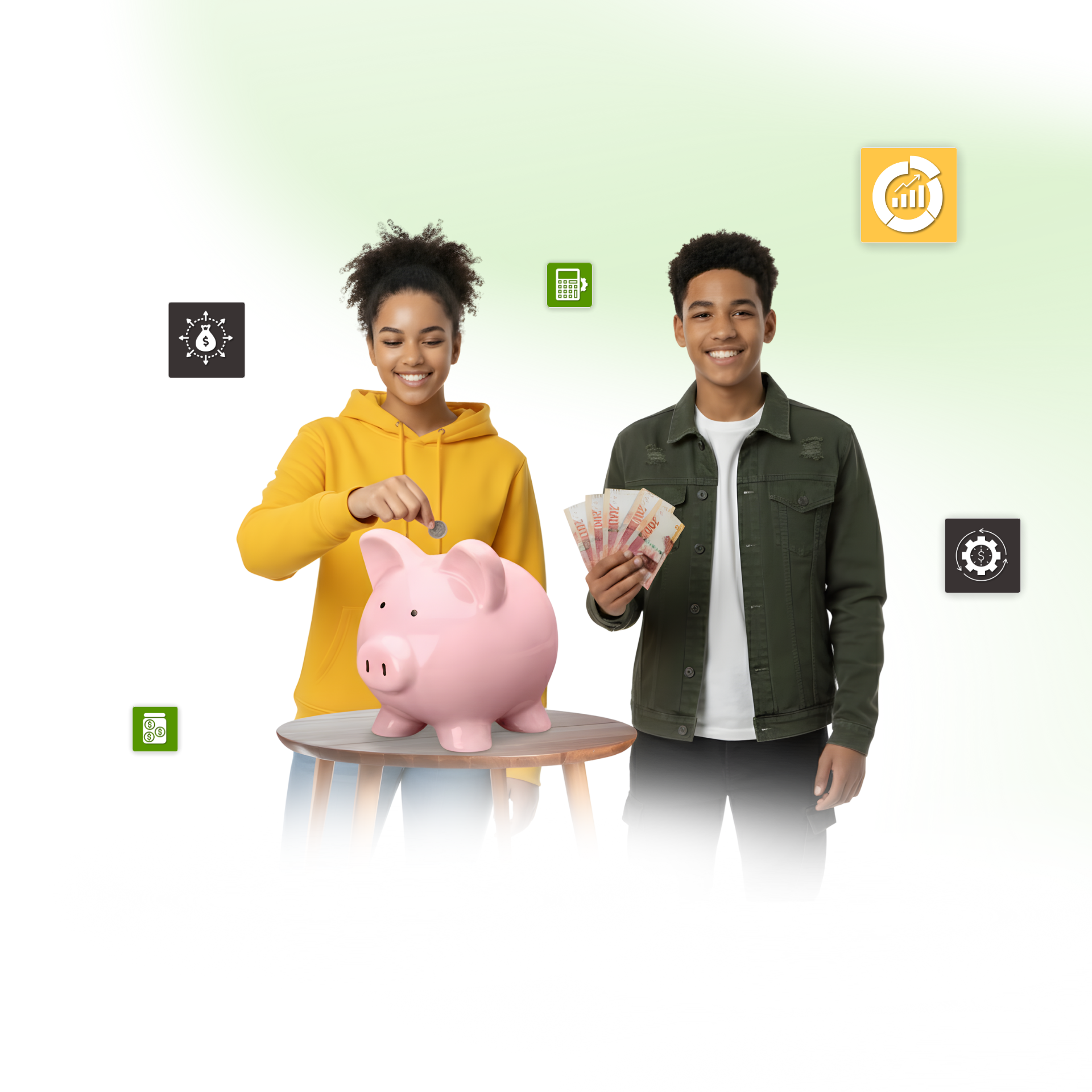 Teenagers putting money in a piggy bank and holding cash. Smiling, light green background with icons.