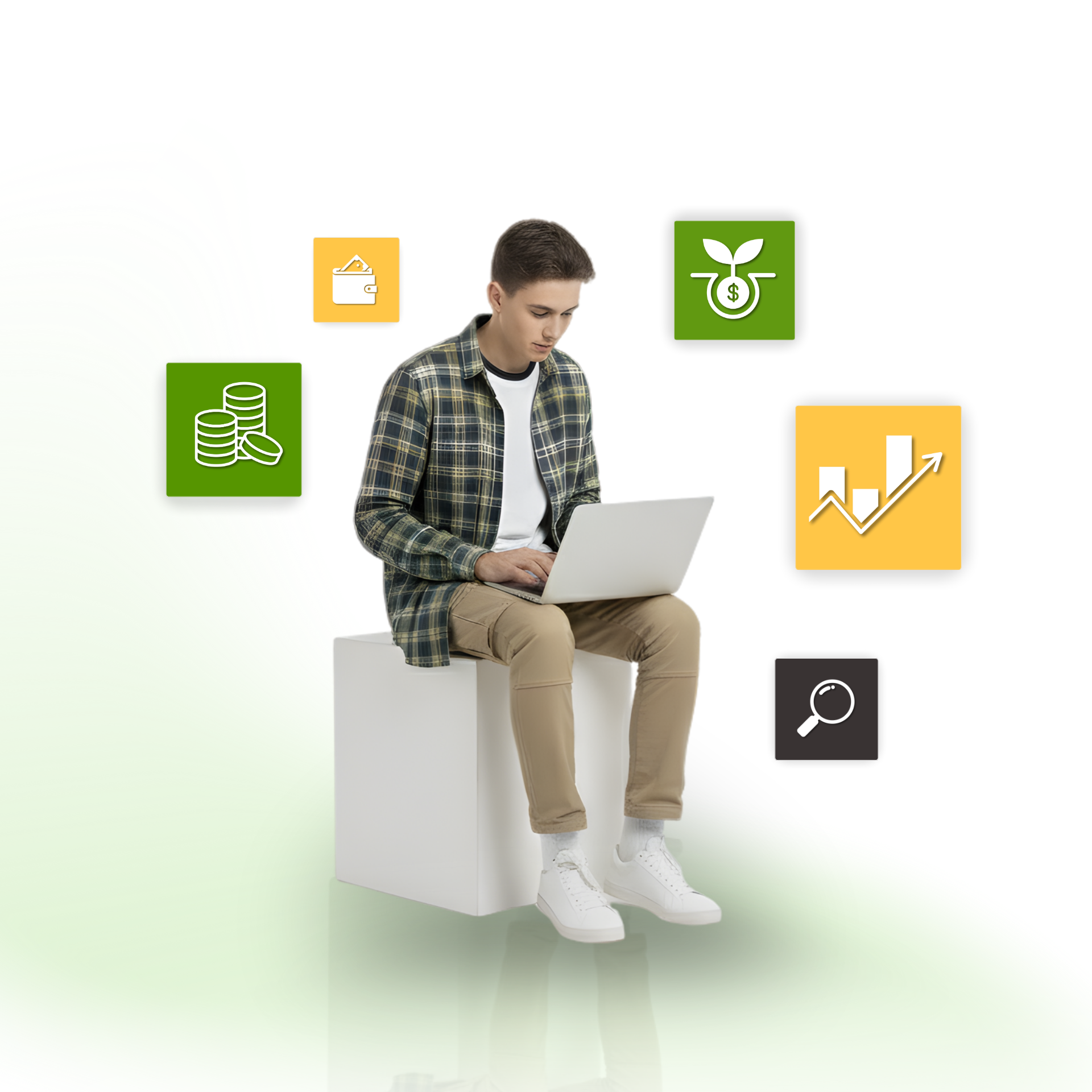 Young person using a laptop, surrounded by financial icons.