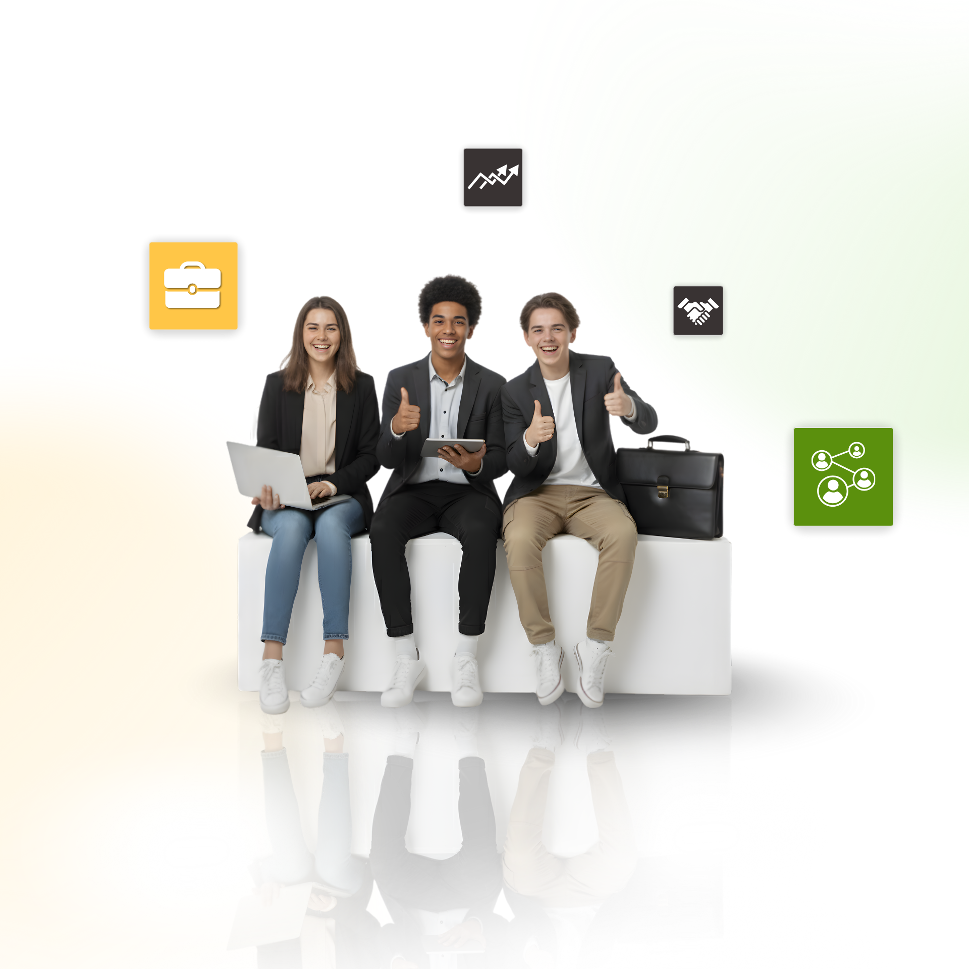 Three people sitting, smiling, and giving thumbs up. Boxes with icons floating around them.