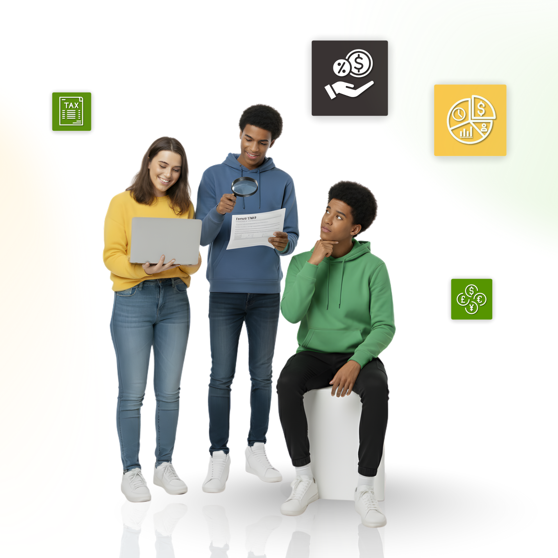 Three students analyzing data, using a laptop, magnifying glass, and considering ideas, with financial icons floating around them.