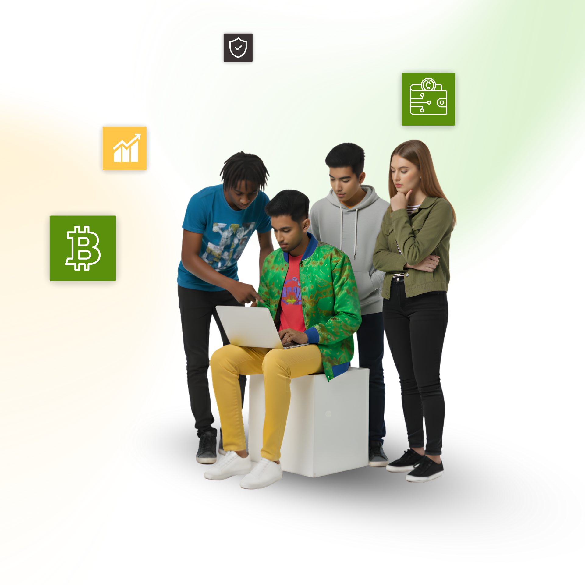 Four people gather around a laptop, focused, with financial icons floating around them.